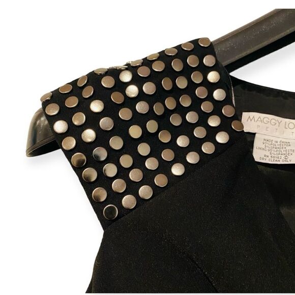MAGGY LONDON Black Studded Faux Wrap Front Fitted Dress Size 4P - Picture 6 of 7